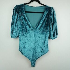 Intimately Free People Don't You Wish‎ Teal Velour Bodysuit Top Size Small